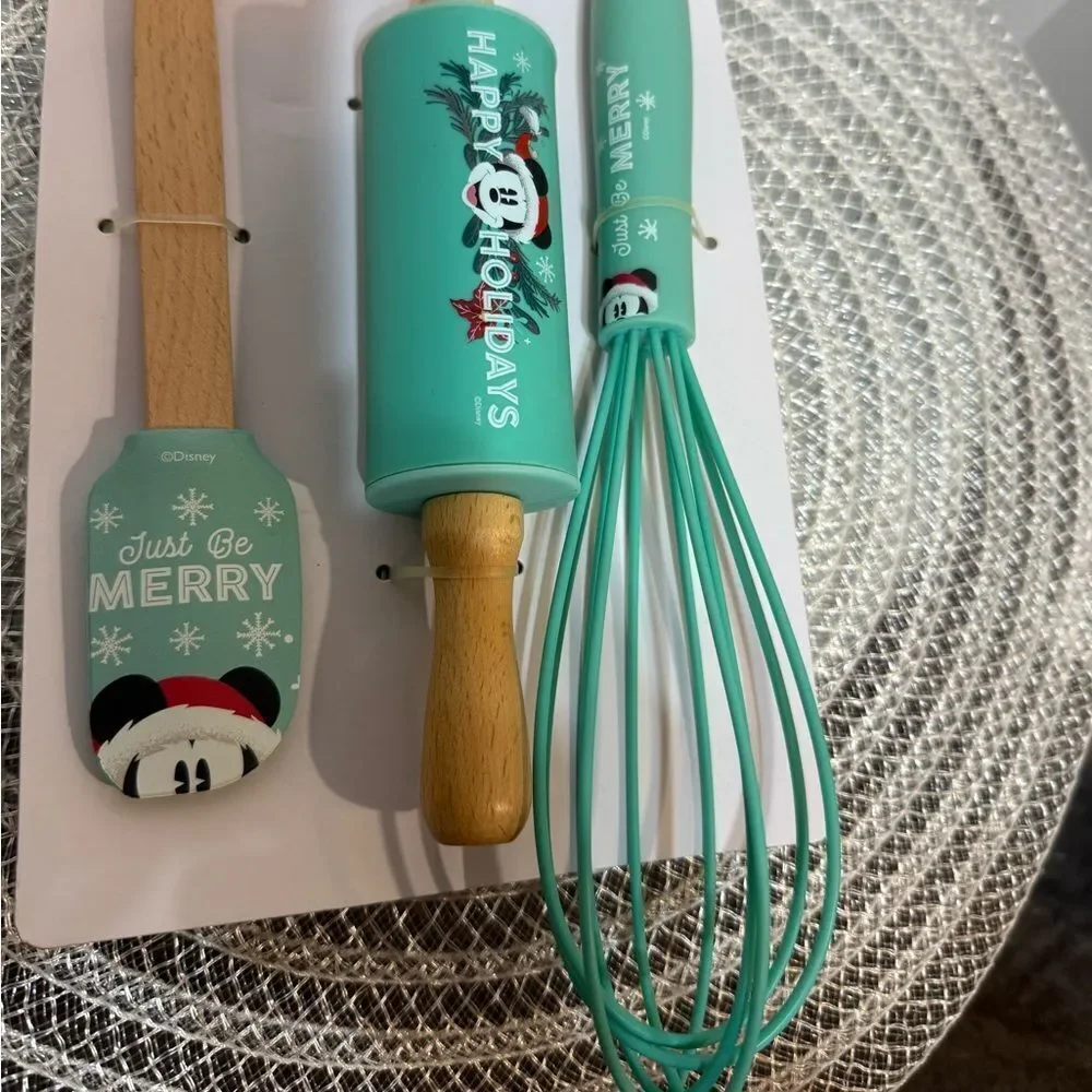 Disney Mickey Mouse Christmas Baking Set Spatula, Rolling Pin, Whisk Set - 3 NWT